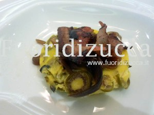 Tortino d'olive con pancetta croccante